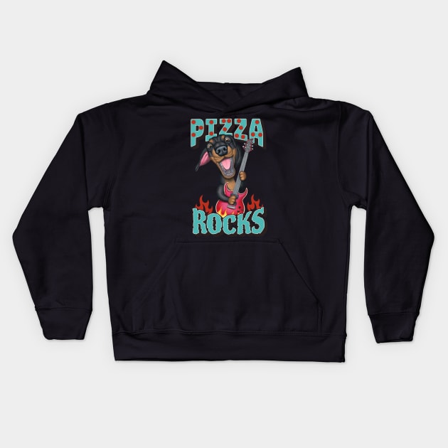 Fun Doxie Dog rocks on with guitar on Pizza Rocks tee Kids Hoodie by Danny Gordon Art